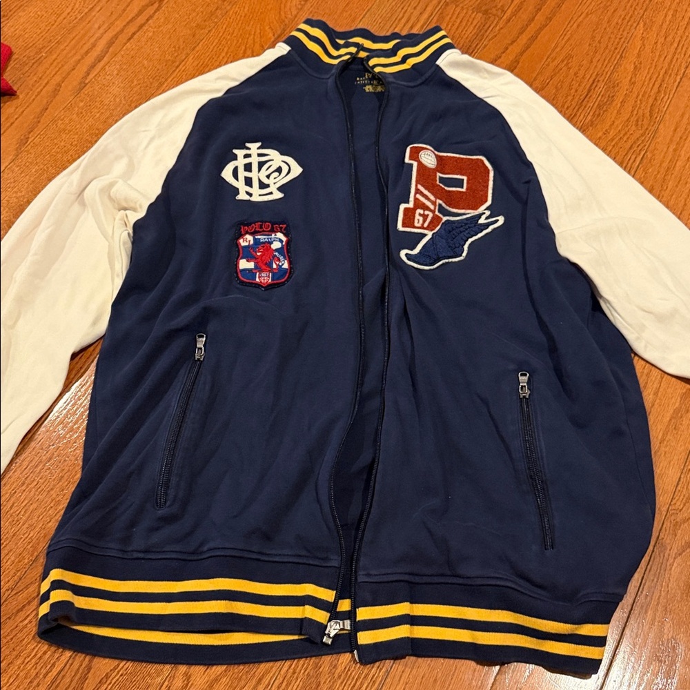 Polo Ralph Lauren Navy and White Varsity Jacket with Patches size LT